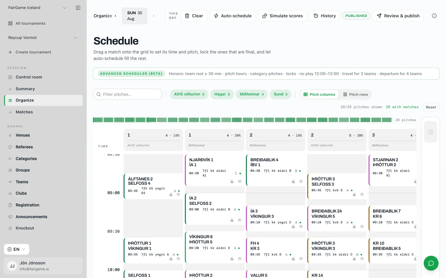 A round-robin fixture list laid out across every pitch and time slot, the finished result a spreadsheet is usually used to plan