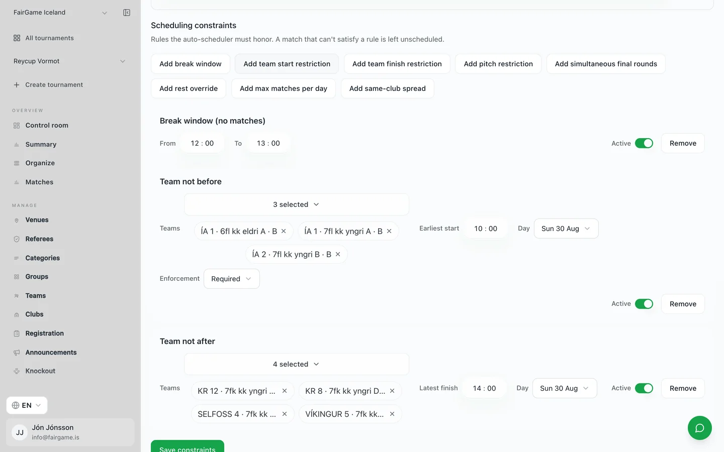 A scheduling constraints panel listing a break window and a team start restriction, each with an enforcement setting of required or preferred