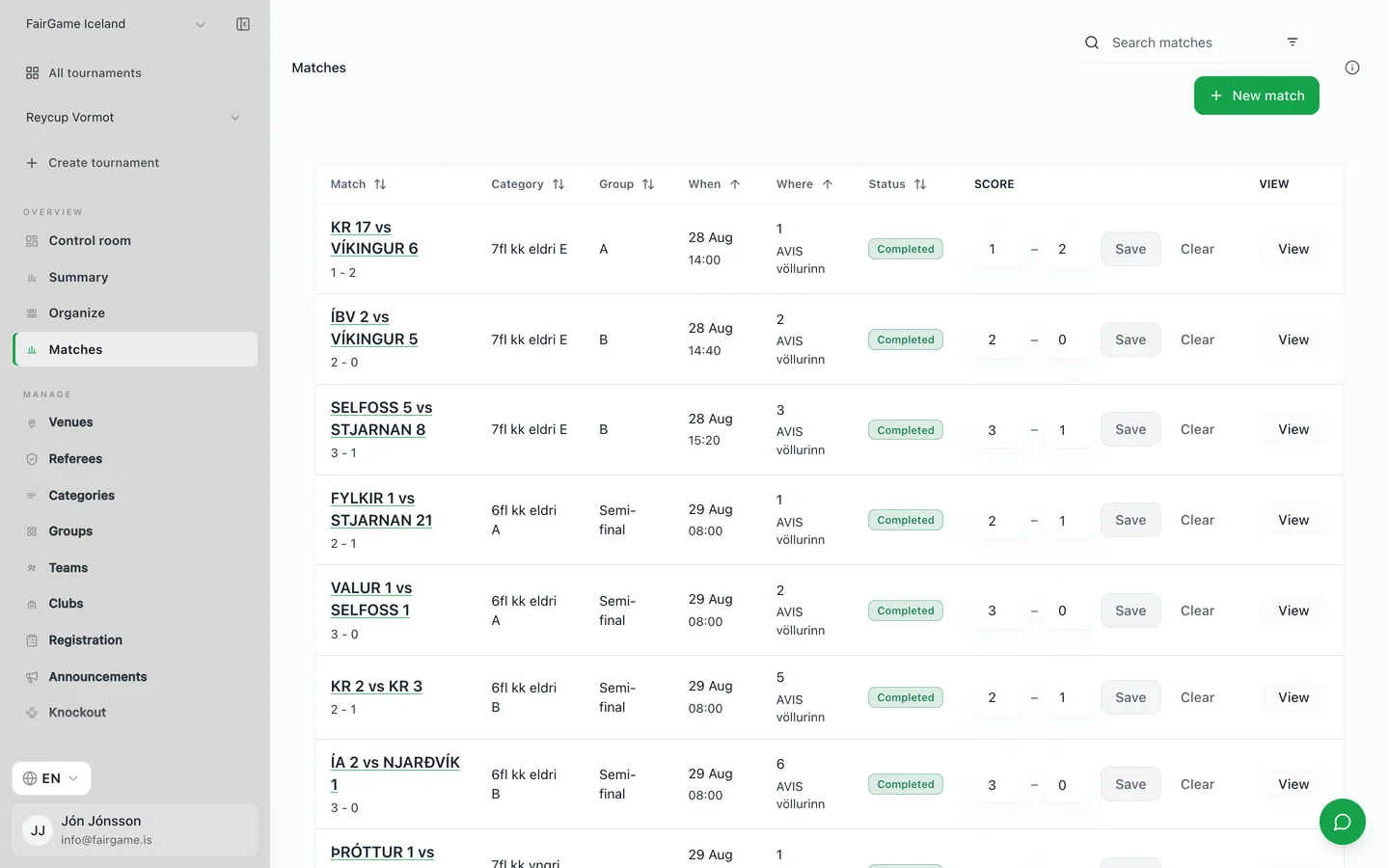 A match list with every fixture's time, pitch, group and score in one table — the view organizers otherwise maintain by hand in a spreadsheet