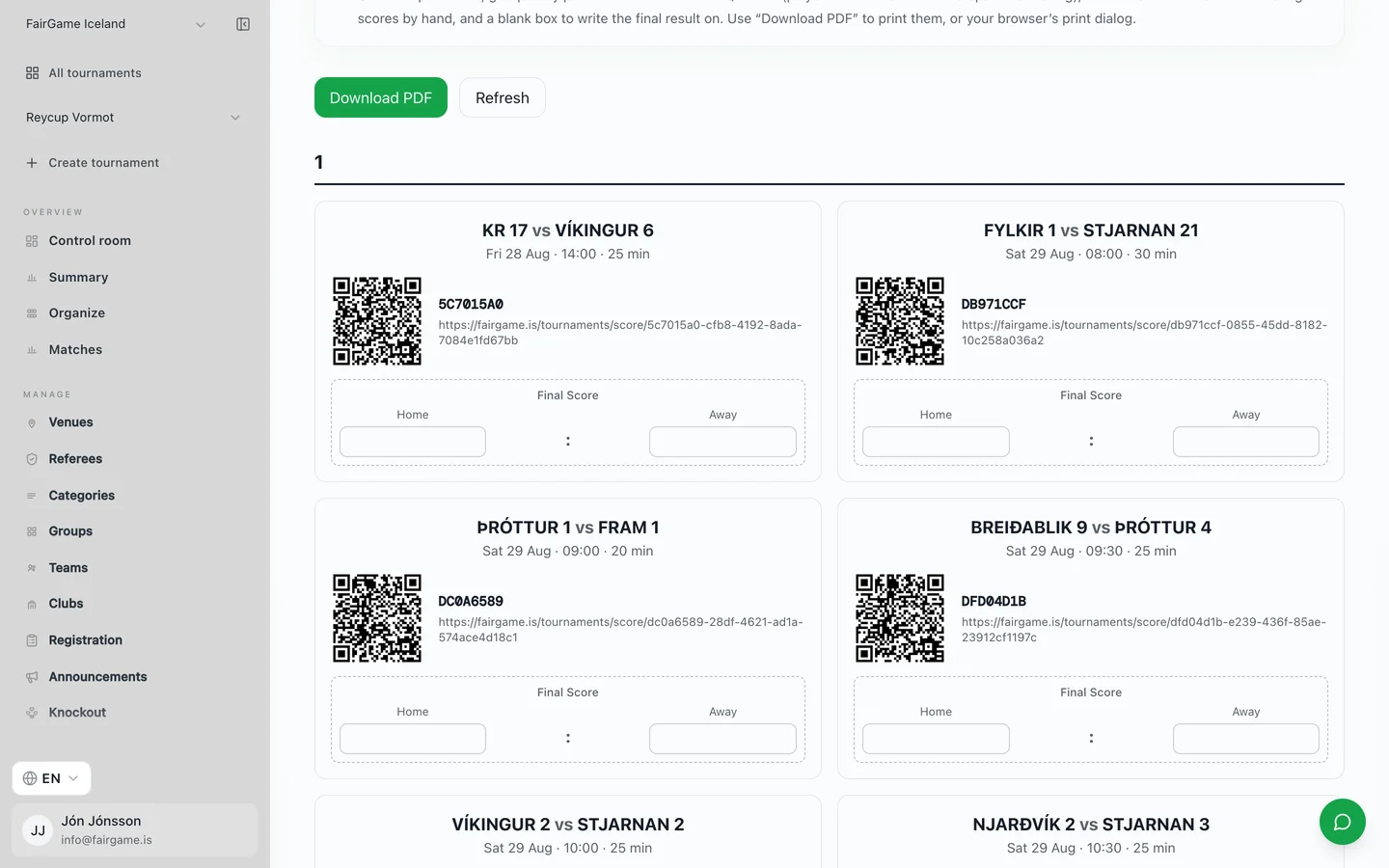 Each match card carries a QR code the referee scans to score exactly that game — no wrong fixtures, no double entry. Printable FairGame match cards, each with the teams, kickoff time, pitch and a QR code a referee scans to open that match's score-entry page