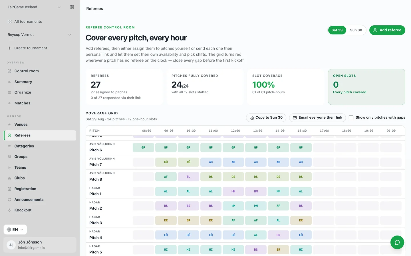 FairGame's referee coverage grid with an official assigned to every pitch and every hour of the day, showing full coverage and zero open slots