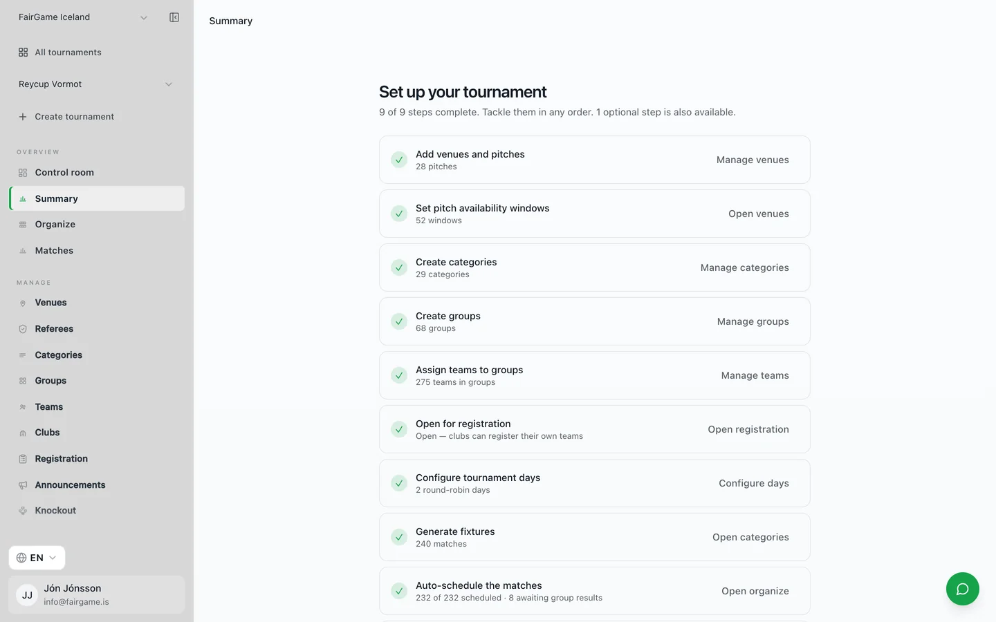 FairGame's tournament setup checklist walking an organizer through venues, categories, groups, teams, fixtures and scheduling step by step