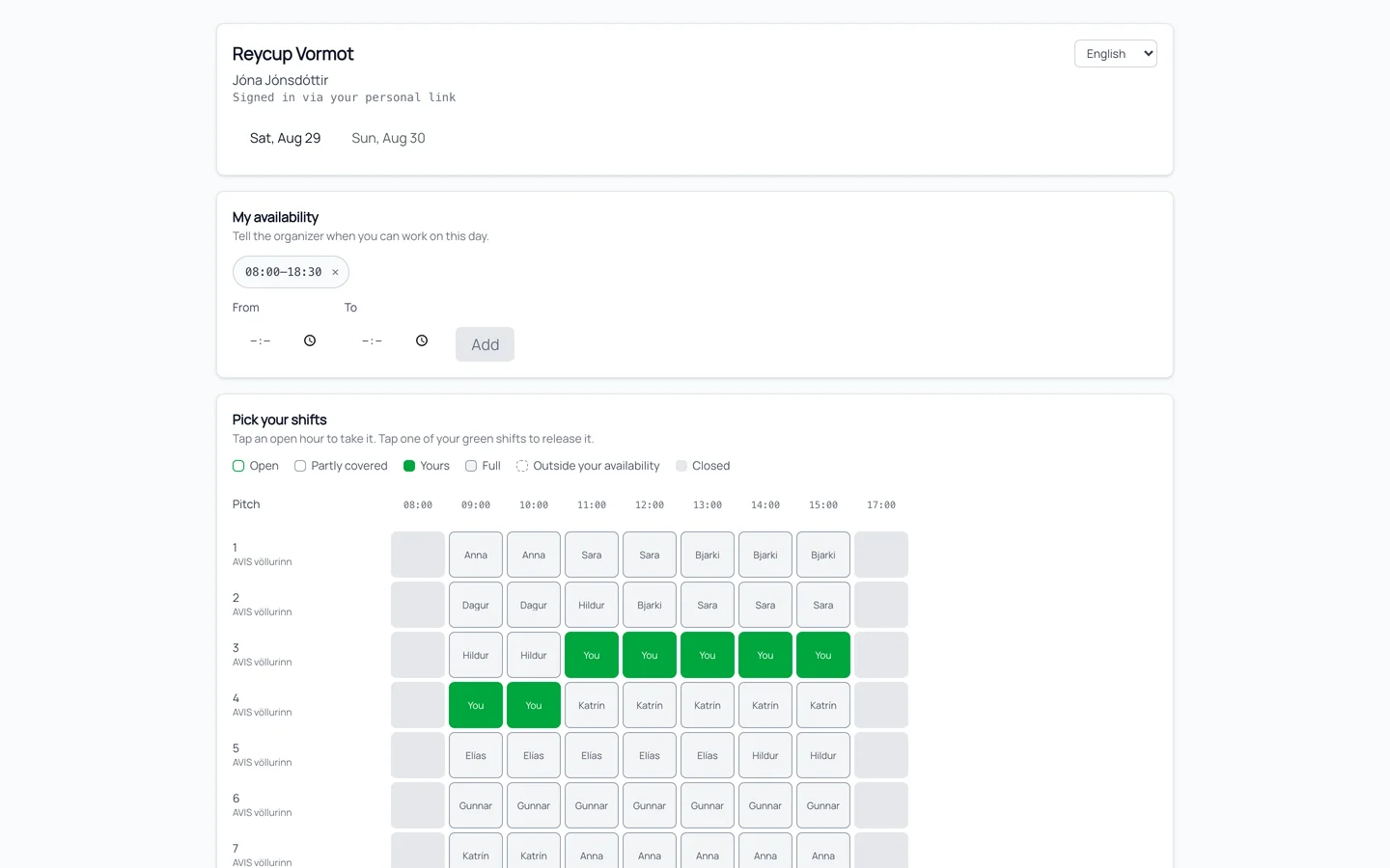 A referee's personal portal on a phone — their availability window for the day, then a pitch-by-hour grid where two claimed shifts are marked as theirs and the remaining hours are open to take