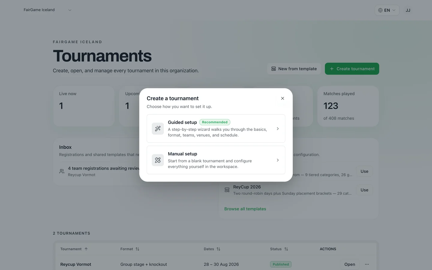 FairGame's create-a-tournament dialog offering a recommended guided setup wizard or a manual setup that starts from a blank tournament