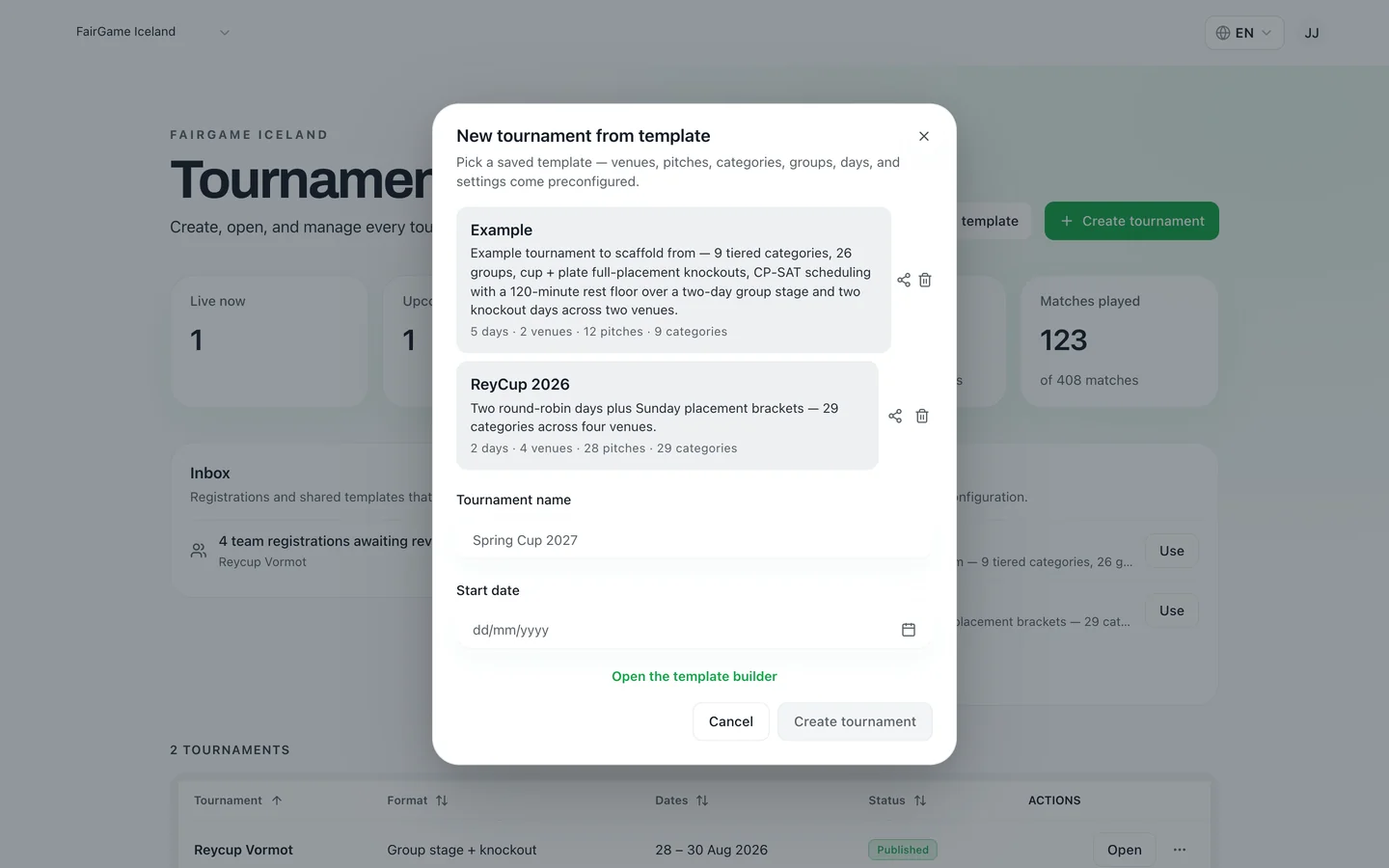 FairGame's new-tournament-from-template dialog showing a saved template with its day, venue, pitch and category counts, a name and start date for the new edition, and a link to the template builder